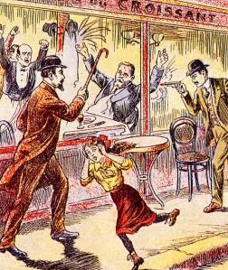 Illustration de l'époque. Le 31 juillet 1914, Raoul Villain, âgé de vingt-neuf ans, tire sur Jaurès qui succombe à une hémorragie cérébrale.