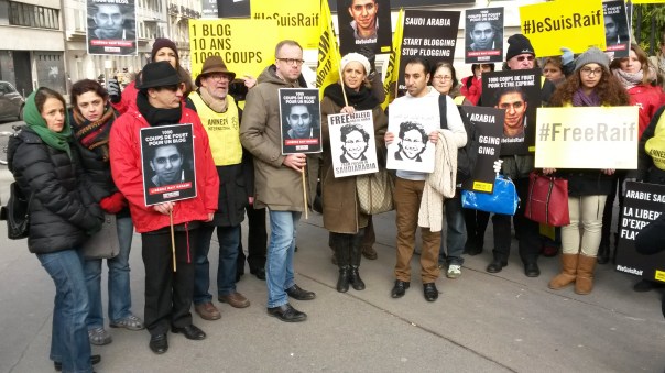 On January 23 Amnesty International France and Reporters Without Borders held a protest before the Saudi Arabian Embassy in Paris in support of blogger Raif Badawi. (C) Bernard J. Henry/AWC