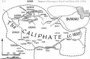 The Sokoto Caliphate, which spanned much of the northern halves of today's nations of Nigeria and Cameroon.