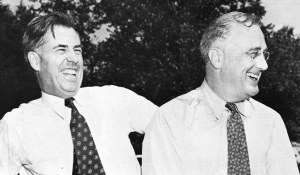 Henry A. Wallace (left), Vice-President of the United States from 1941 to 1945. After the third and final reelection of Franklin Delano Roosevelt (right) to the presidency in 1944, Wallace was succeeded by Harry S. Truman, who himself succeeded Roosevelt as President of the United States after Roosevelt died on April 12, 1945.